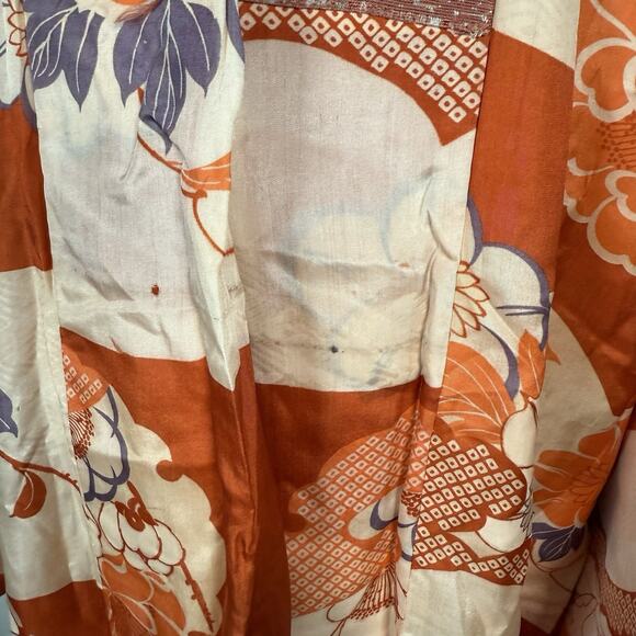Vintage Japanese Silk Kimono Red Orange Floral Rinzu Pattern Hand Sewn Lined - Picture 7 of 10